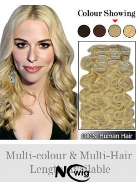 Designed Blonde Wavy Remy Human Hair Clip In Hair Extensions