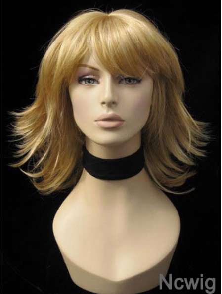 Convenient Straight Blonde Shoulder Length With Bangs Medium Wigs