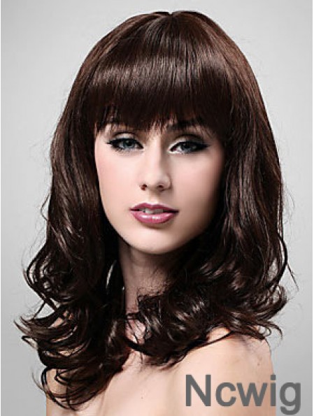 Shoulder Length With Bangs 20 inch Wavy Brown Medium Wigs