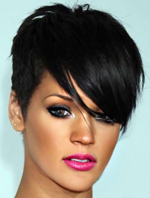 Rihanna Style Glueless Lace Wigs With Bangs Black Color