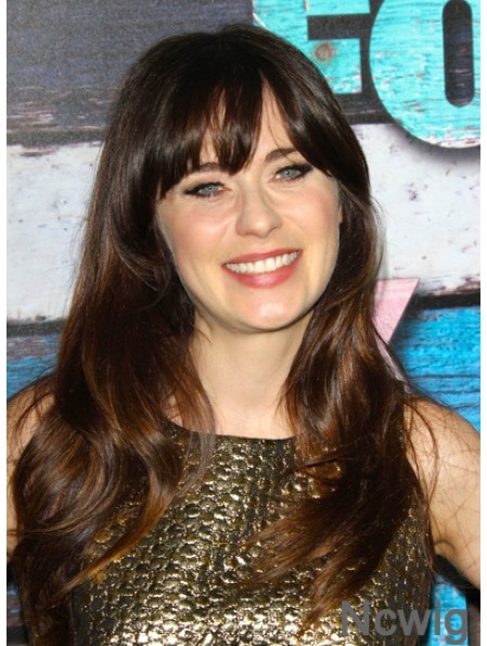 No-Fuss Brown Long Wavy 22 inch With Bangs Zooey Deschanel Wigs