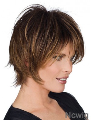 Short Wigs With Remy Capless Straight Style Brown Color Layered Cut